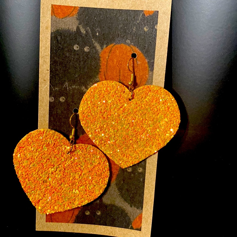 Orange sparkling heart earrings gold hooks
